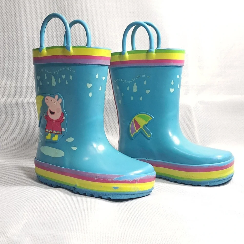 Peppa Pig Kids‎ Rain Boots Size 5-6 Pull On Galoshes Blue Rainbow Umbrella